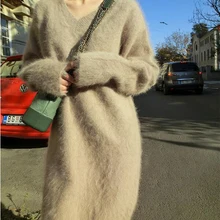 Winter Herbst Frauen Nerz Cashmere Pullover Pullover Stricken Angora Kleid Lange Flauschigen Echt Weiche JNS400