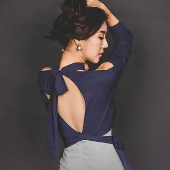 

Fashion Spring Women Two Piece Sets Sexy V-neck Backless Bow Tops and Slim Pencil Skirt Elegant Korean Office Lady Skirt Suits