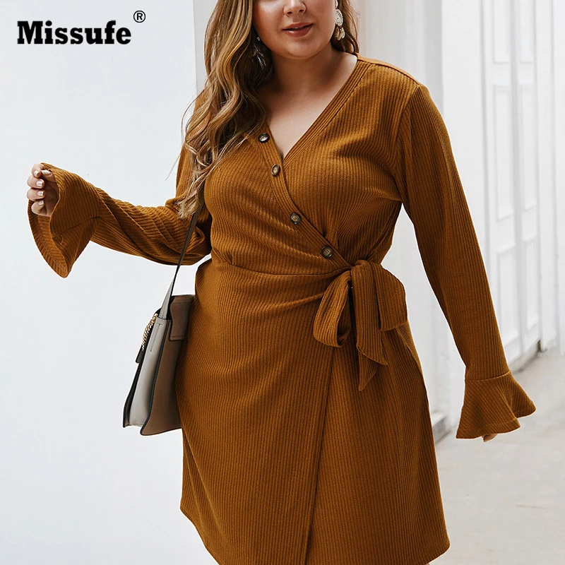 

Missufe Autumn Winter 4XL Large Size Women Dress V Neck Long Sleeved Casual Dress Tie Waist Loose Mini Dress Vestido Plus Size