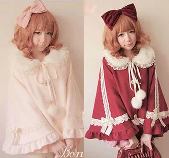

Princess sweet lolita coat Bobon21 high quality fur collar rabbit fur ball lace woolen wool princess cloak c0926