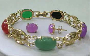 

Women Multicolor Jade Jewelry bangle bracelet earrings set 7.5"