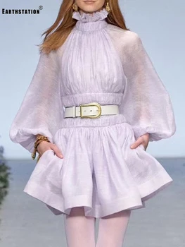 

Free shipping solid color frill high neck strap elastic waist A-line big swing dress ladies autumn new fashion temperament