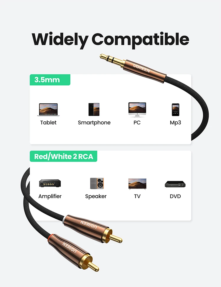 Ugreen-rca 2rcaから3.5mmのhi-fiオーディオケーブル,ナイロン