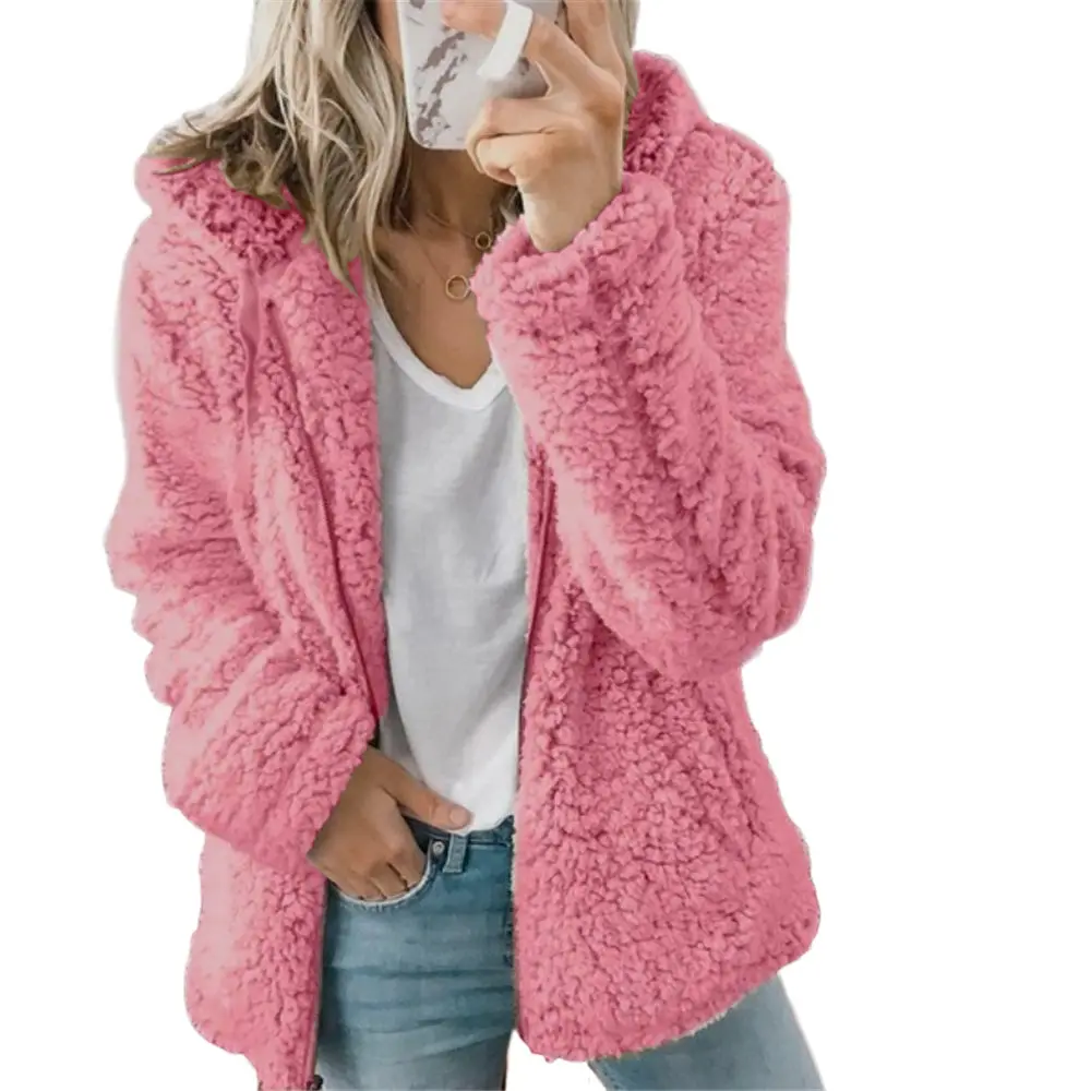 Chaqueta de Otoño Invierno para mujer, abrigo informal con capucha suave de felpa polar cálido de talla grande, piel sintética mullida con cremallera, top, Sudadera 2021