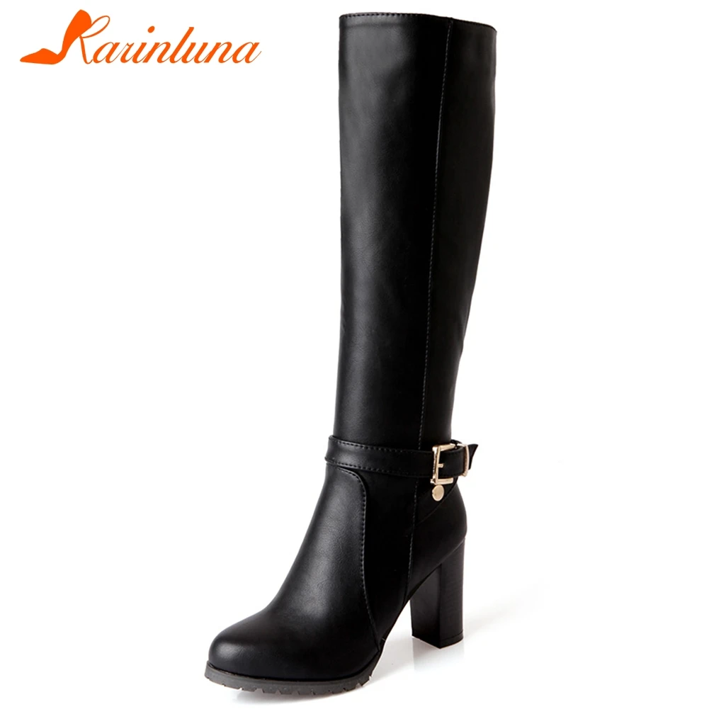 

KARINLUNA New Brand Lady Office Prom Black Boots High Heels Buckle Belt Party Boots Women Round Toe Shoes Woman