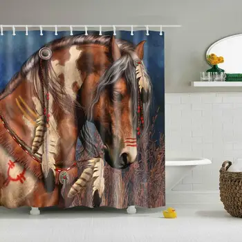 

Rideau de Douche tête de Cheval Indien Durable Tissu Mildew Accessoires de Salle de Bains Creative avec 12 Crochets 180X180CM