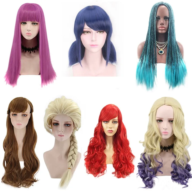

Movie Descendants 3 Evie Mal Uma Cosplay Wig kids Women Men Halloween Party Mermaid/Joker/Anna/Snow White ladybug Wig Role Play