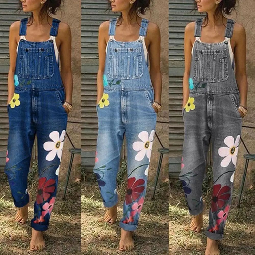 Bib Pants Jumpsuits flower printed blue jeans Romper for Women's Fashion Denim Bib Pants Sexy Long Rompers Overalls 2020 new