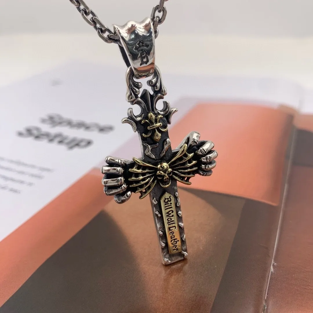 

New s925 sterling silver men and women with the same personality hip-hop cross skull graffiti Thai silver trend pendant