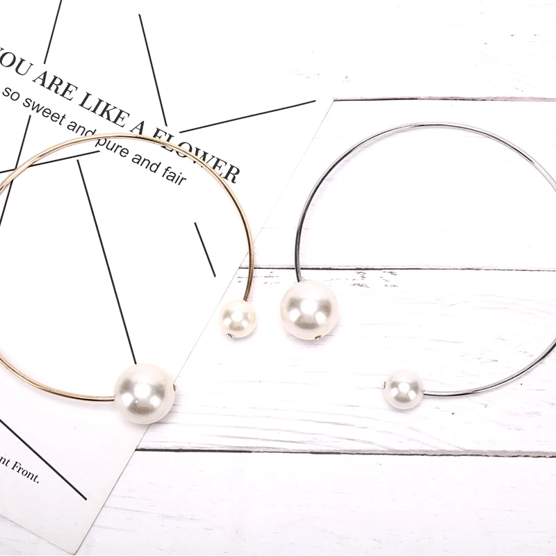 Double Simulated Pearl Adjustable Open Choker Necklace Circle Round Cuff Statement Jewelry