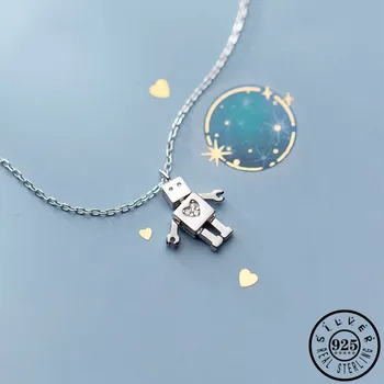 

100% 925 Sterling Silver cute Robot Pendant with CZ Love Heart Statement Party Chain Necklaces Jewelry for Women