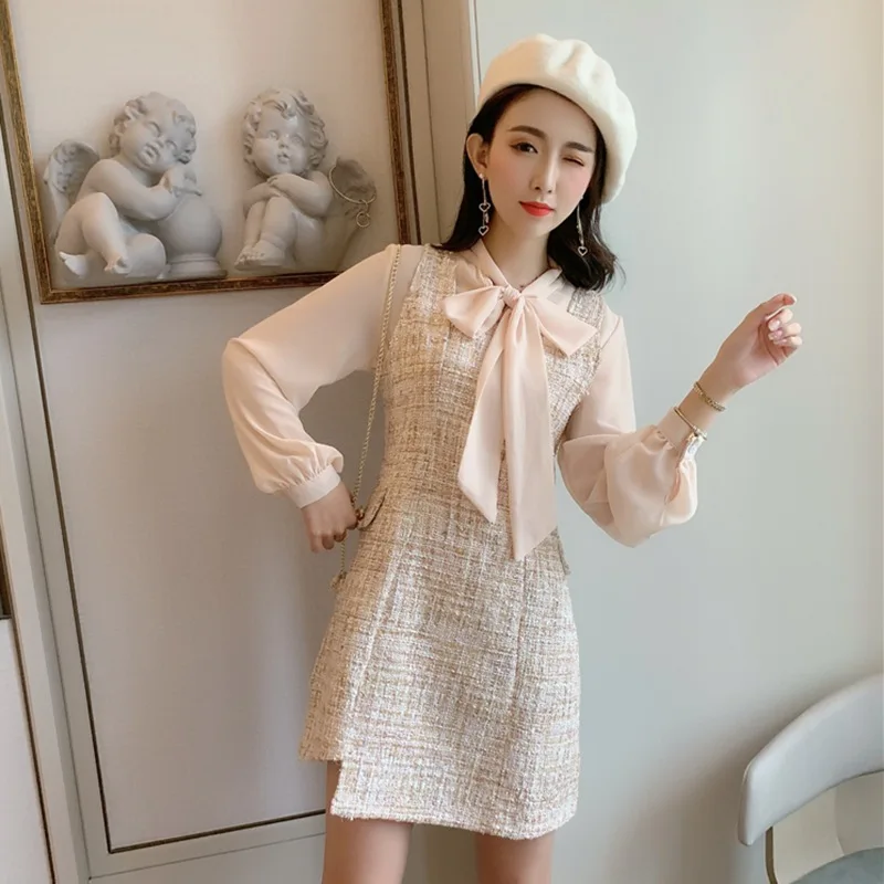 

Chic Socialite Temperament Slim Fit Small Xiangfeng Bow Long Sleeve Shirt + Dress Two Piece Suit Female Autumn