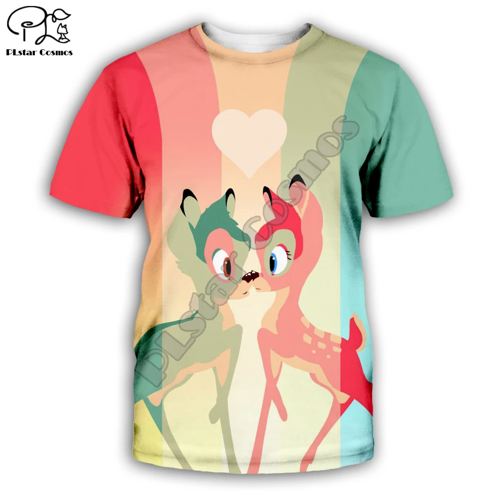 Bambi животных мультфильм олень стиль милые натуральные мужские и женские футболки забавный мультфильм 3d печать вырез лодочкой повседневные футболки Олень-002