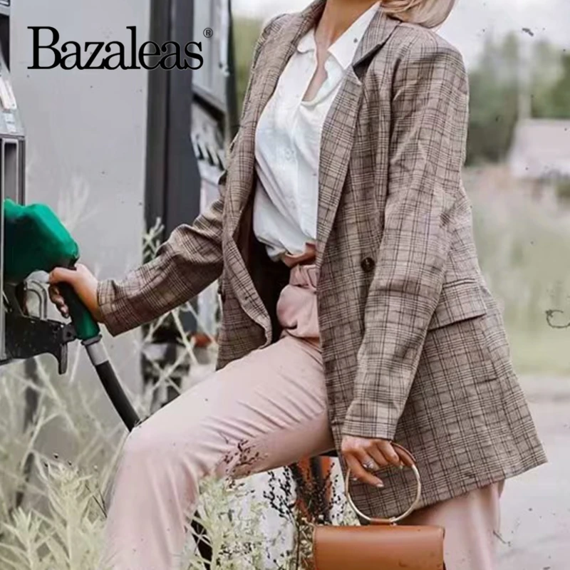 Bazaleas Винтаж шотландская клетка кофе карманы Блейзер, Женское пальто осень Базовая куртка Тонкий Модный отложной Блейзер mujer Прямая