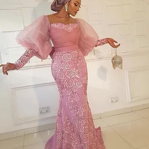 Elegant Puff Sleeves Mermaid Evening Dresses Aso Ebi Lace Appliques Prom Dress Plus Size Sheer Neck Formal Party Gowns