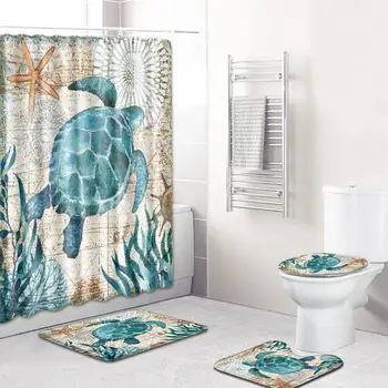 

4Pcs/Set Chelonian Pattern Nonslip Toilet Pad Cover Bath Mat Shower Curtain Set