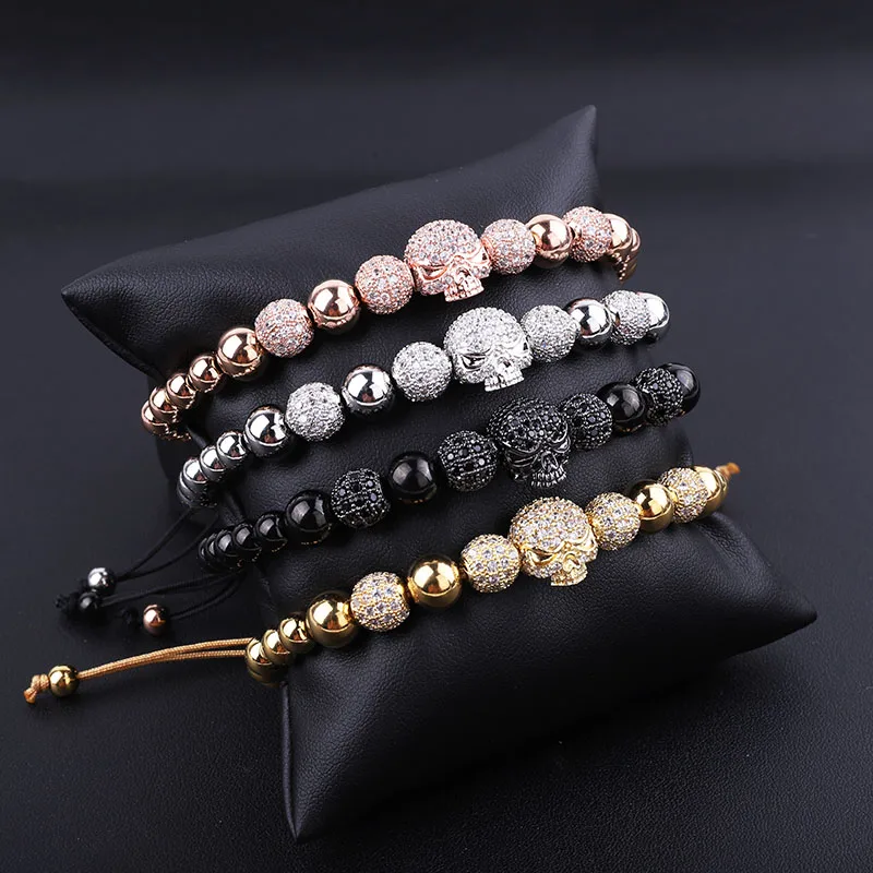 Luxury CZ Micro Pave Ball Skull Charm Adjustable Stainless Steel Beads Adjustable Bracelet Men
