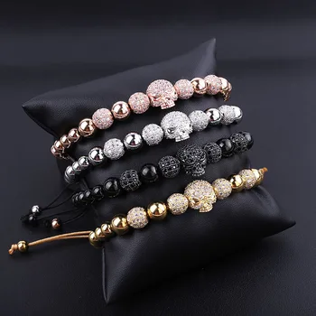 High Quality Luxury Men Jewelry Bracelet 8mm CZ Micro Pave Ball Skull Charm Adjustable Beads Macrame Bracelet