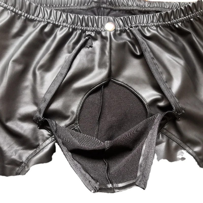 Men Trousers PU Leather Zipper Open Crotch Night Club Straps Trousers