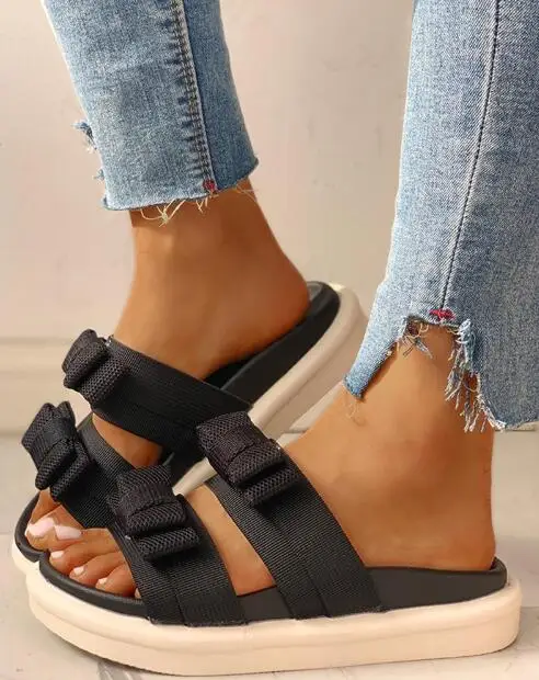 

2020 Summer New Shoes Spell Color Bow Platform Slippers Fashion Outer Wear Muffin with Word Sandals Ins Sandalia Feminina