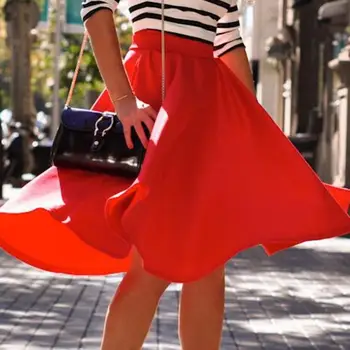

Summer Women Girls Casual Vintage Pleated Big Swing Maxi Skirt Simplee Elastic High Waist Pink Red Black Solid Cotton streetwear