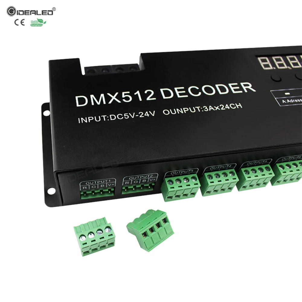 24 канала RGB контройлер с управлением DMX 512 декодер с цифровым Дисплей 72A диммер драйвер PWM RGB контроллер DMX с RJ45 Вход DC5V-24V (art.: 7a18522c5) - 7a18522c5