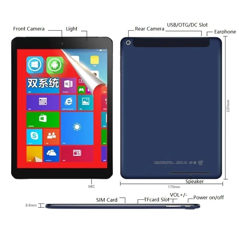  Wifi Android4.4 + Windows 8.1(Dual System) Tablet PC 9.7 Inch 2048x1536 IPS Quad Core 32-bit Operat