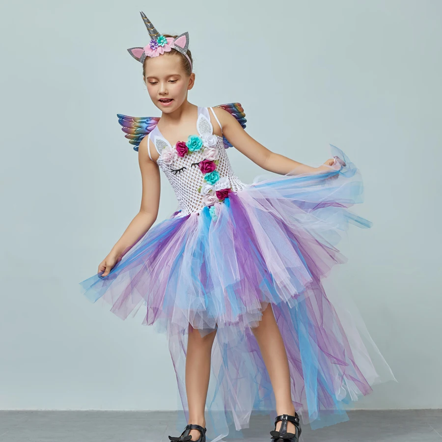 Kids Pastel Rainbow Unicorn Princess Tutu Dress Girls Halloween Pageant Costume Kids Tulle Train Unicorn Birthday Ball Gown Dress  (3)