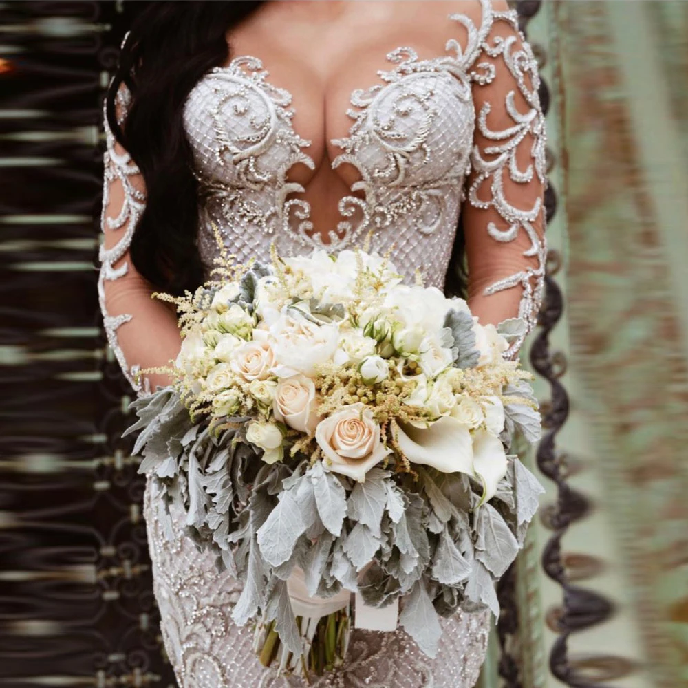 Saudi Arabian/Свадебные платья Русалочки с рукавами trouwjurk, сексуальное свадебное платье русалки с глубоким v-образным вырезом, кружевное платье с бусинами, vestido de noiva