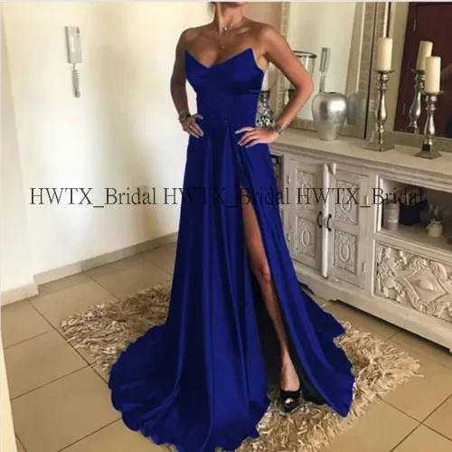 HWTX_Bridal, черные длинные платья для выпускного вечера, Индивидуальные Сексуальные Платья с высокими разрезами, а-силуэт, бордовое, королевское, синее атласное вечернее платье, официальное вечернее платье - Цвет: Royal Blue