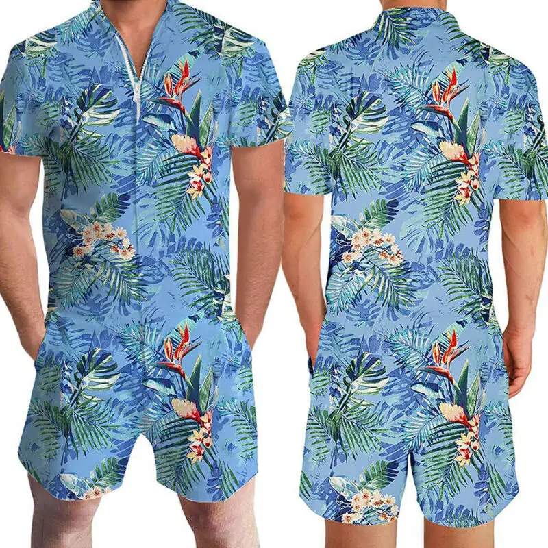 Брендовые новые мужские Гавайские шорты с цветочным принтом стильные цельные Цветочные Комбинезоны с 3D принтом повседневные короткие штаны комбинезон Комбинезоны