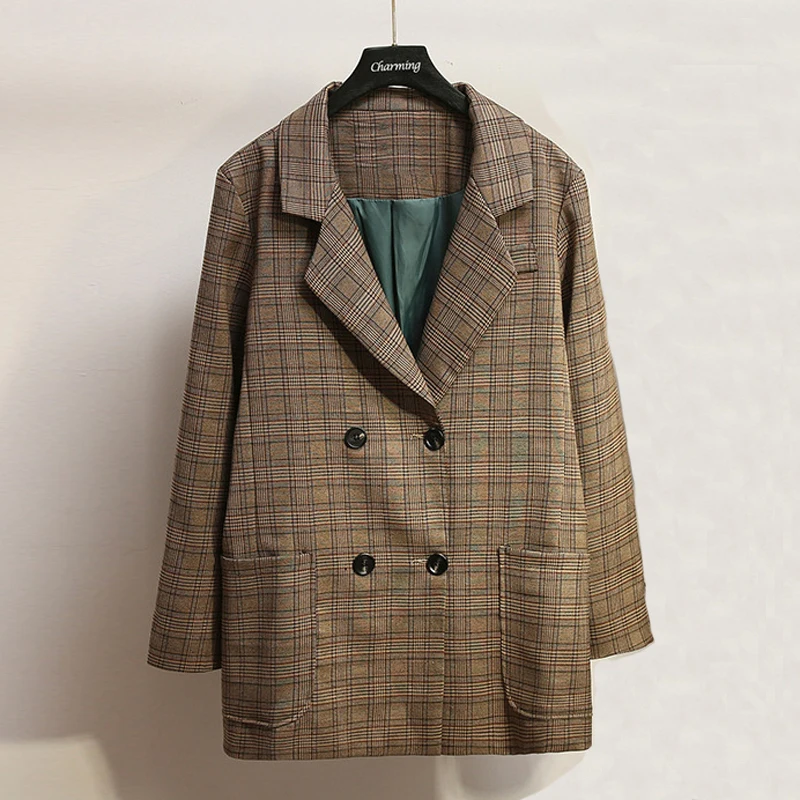 

Women's suit jacket 2019 autumn new Slim large size check double-breasted suit ladies jacket casual women's clothing