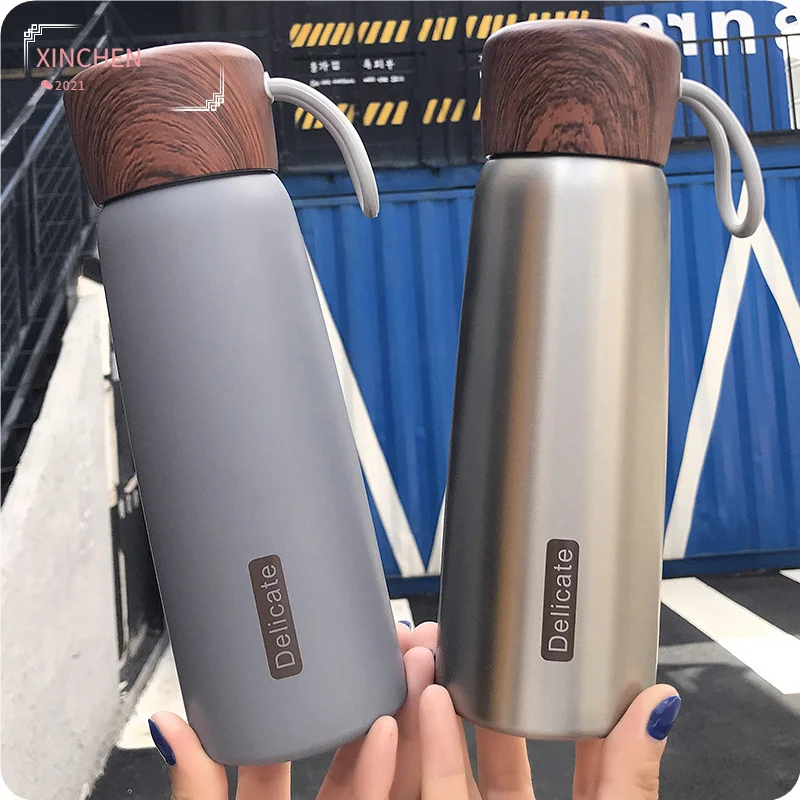 

500ml Thermos Mug 304 Stainless Steel Vacuum Flask Insulated Thermos Water Bottle Milk&Tea with Portable Rope Wood Lid