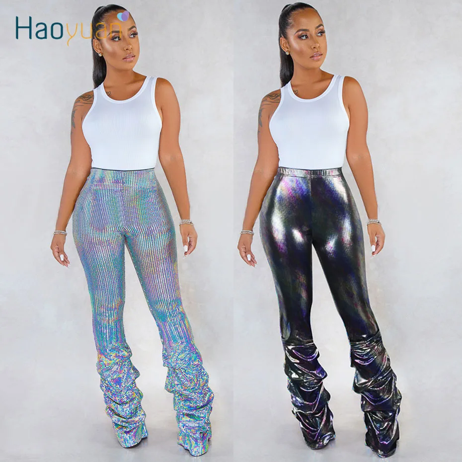 

HAOYUAN Sexy Bell Bottom Pants Women Rave Club Bright Shines Fashion Ruched Bodycon Flare Pants High Waist Stretch Trousers
