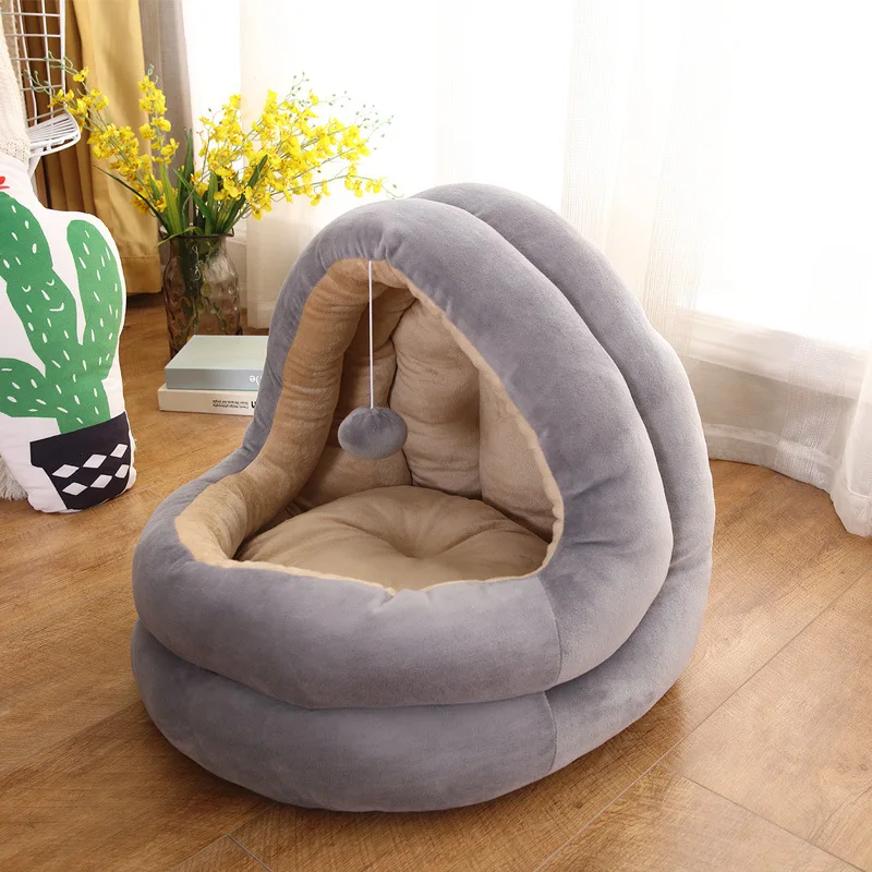 With Cloth Ball Play Cat Nest Winter Warm Cat Semi Closed Cat House Plush Thickened Cat Villa All Season Small Dog Kennel