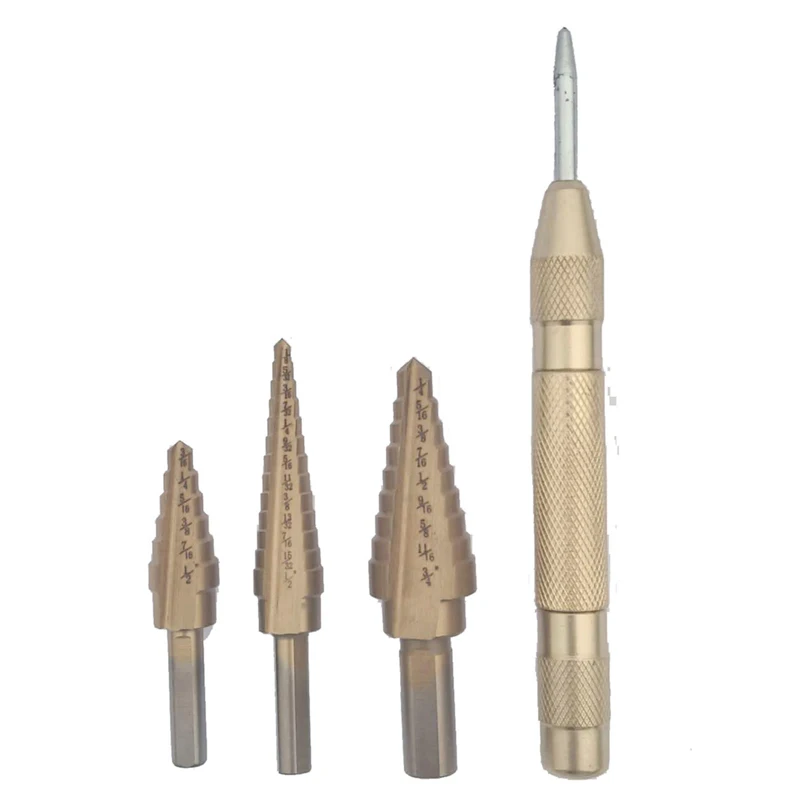 

Triangle handle step drill set pagoda drill bit open hole reaming center punch four piece set 4241 6/9/13 order and punch drill