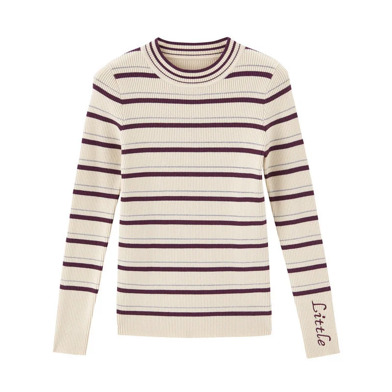INMAN Winter New Arrival Little O-neck Striped Slim Minimalism All Matched Women Knitted Pullover