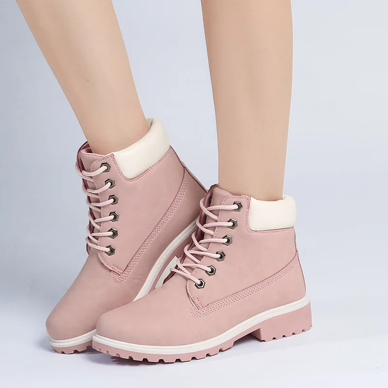 Ботинки женская обувь г. Новые модные зимние женские ботильоны на шнуровке однотонная обувь на квадратном каблуке Женская обувь размера плюс, zapatos de mujer - Цвет: Pink