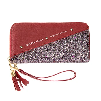 

Classic Texture Long Wallet Clutch Tassel Card Holder Multifunction Creative Delicate Design Chic Female PU Sequins Purse
