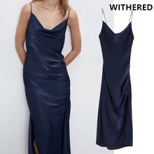Withered england elegant satin strapless spaghetti sexy party dress women vestidos vestidos de fiesta de noche maxi dress blazer