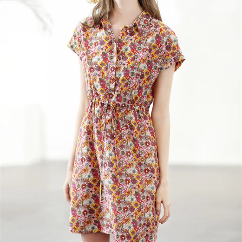 

Beautiful Floral Women Beach Dress Flowers Printed Turn Down Collar Ladies Sexy Elastic Waist Lace-up Summer Dresses