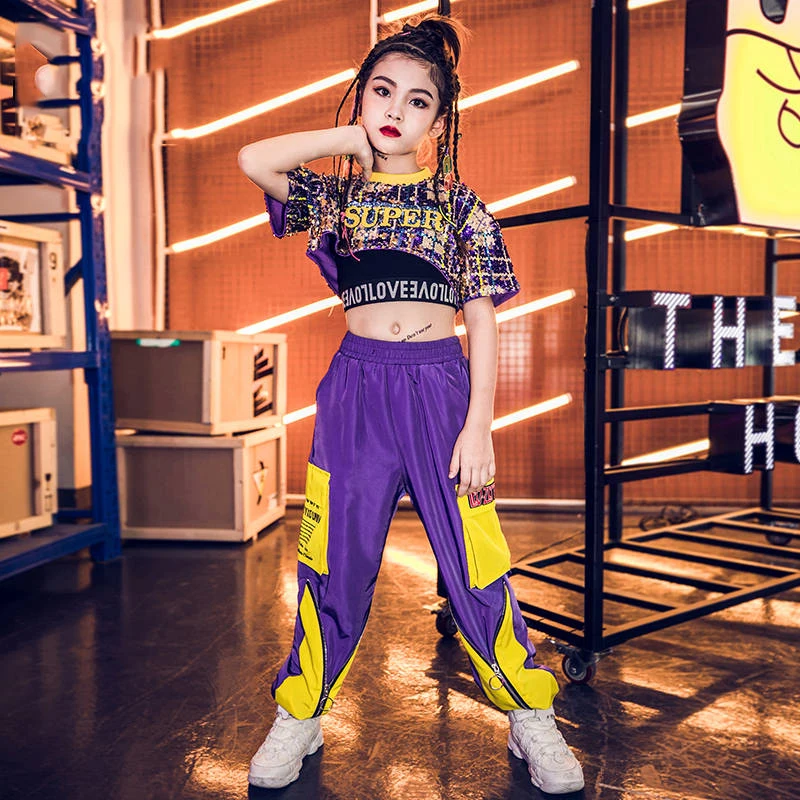 Girls Jazz Dance Costume Kids Hip Hop Purple Sequin Suit Children Street Performance Clothes Catwalk Show Outfit DQL1909 |