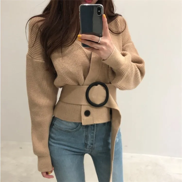 

2019 Autumn Winter Sashes Wrap Sweaters Cardigans Women Tops Lace Up Button Double Breasted Solid Minimalist Elegant Pullover