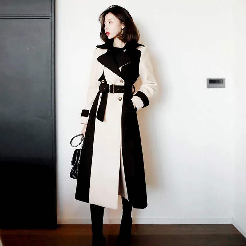 

Europe And America Winter Women's 2018 New Style Korean-style Elegant Mid-length British Style Joint over-the-Knee Woolen Cloth