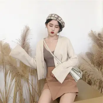 

2019 Knitwear Cardigan Sweater V-Neck Loose Korean Styly Long-Sleeved Solid Color Thickening Sweater Jumper Pull