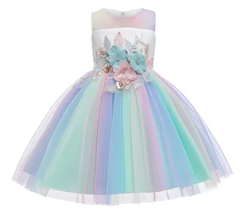

Retail D0131 Rainbow Flowers Embroidery Princess Baby Girl Dress 2020 Summer Party Wedding Kid Dress For Girl Child Clothes