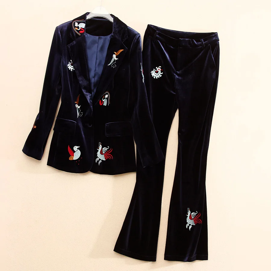 

Women floral women 2 pieces set vintage embroidery coat top + blue pants flowers elegant lady casual velvet suit set S-XXL