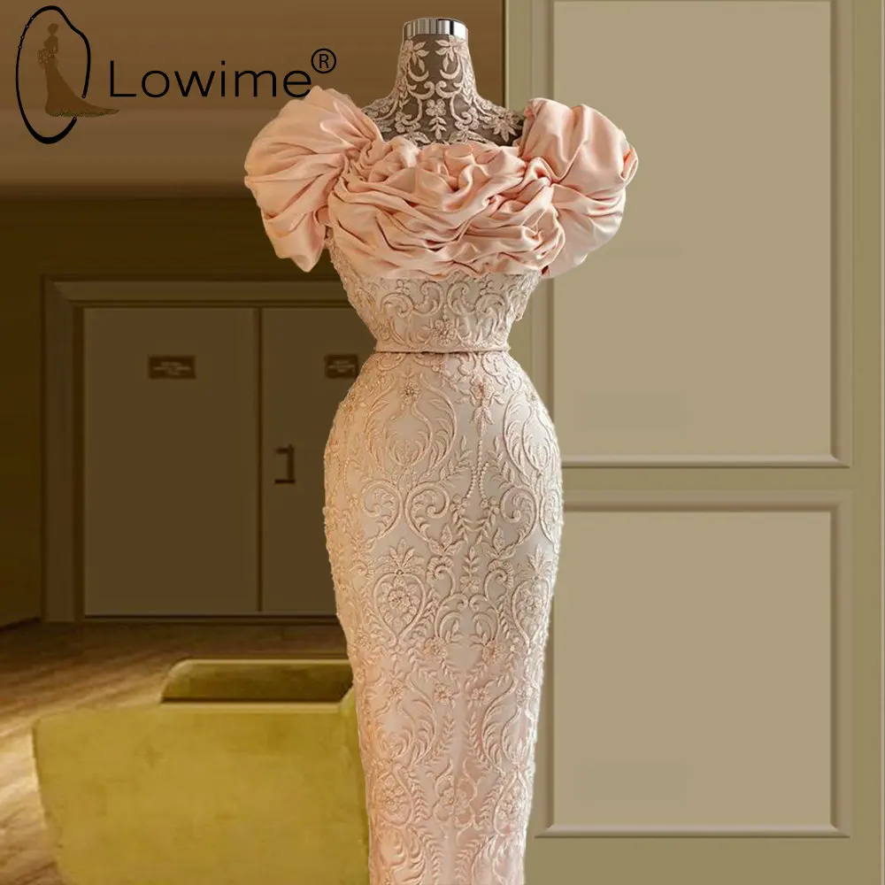 

Coral Pink High Neck Lace Evening Dresses Ruffles Floor Length Long Evening Gowns 2021 Custom Made Formal Party Dresses