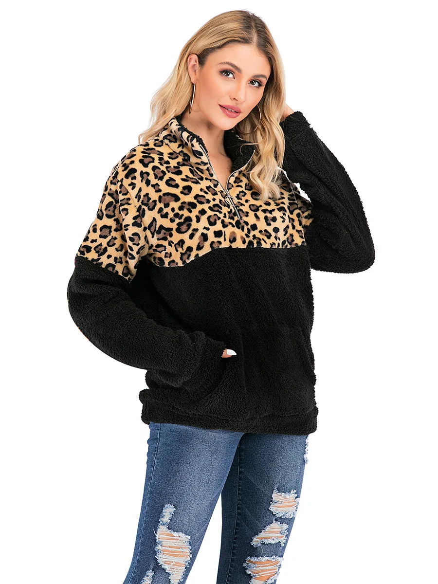 Women Fleece Sweatshirt Winter Casual Leopard Faux Fur Patchwork Fluffly Female Hoodies Warm Turtleneck Zipper Tops