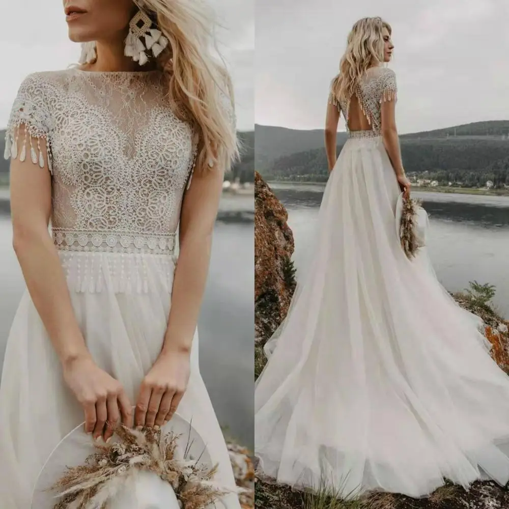 Vestido De Noiva богемное свадебное платье в стиле бохо кружевное платье с открытой спиной и короткими рукавами Тюлевое пляжное свадебное платье